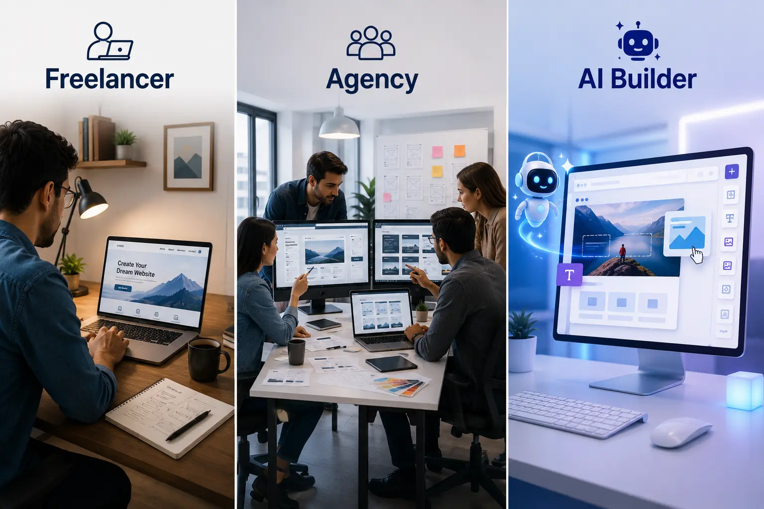 Freelancer vs agency vs AI website builder comparison