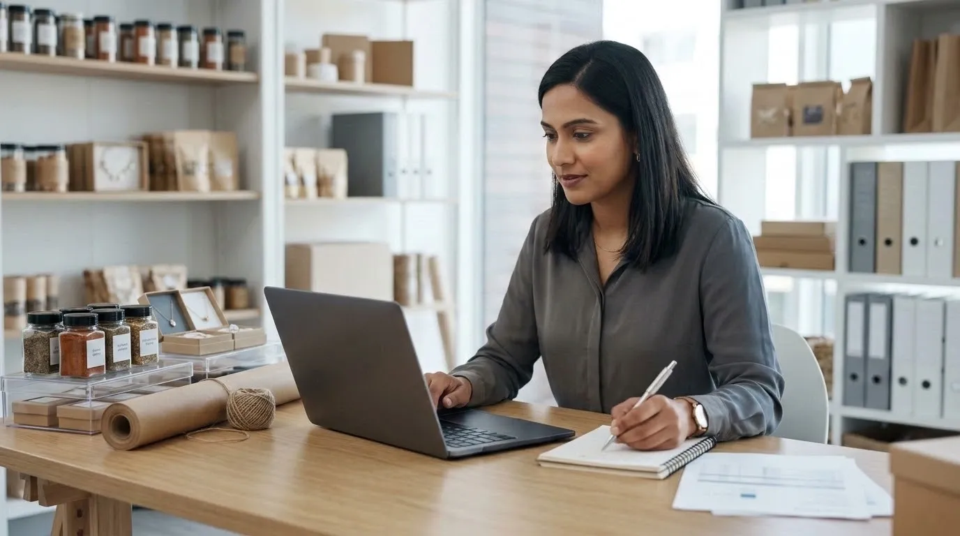 Indian small business owner managing customer enquiries via business website